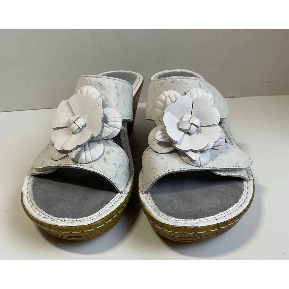 Alegria Morning White Floral Leather Wedge Sandals LAN-460 Womens EU 37 US 7-7.5